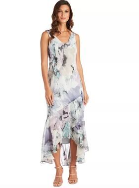 R & M Richards sleeveless watercolor high-low midi dress size 16